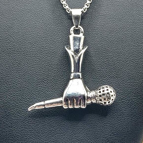 Stainless Steel Necklace Microphone Hand Rapper Music Hip  Stainless Steel Necklace Microphone Hand Rapper Music Hip-hop Fashion Gift New!